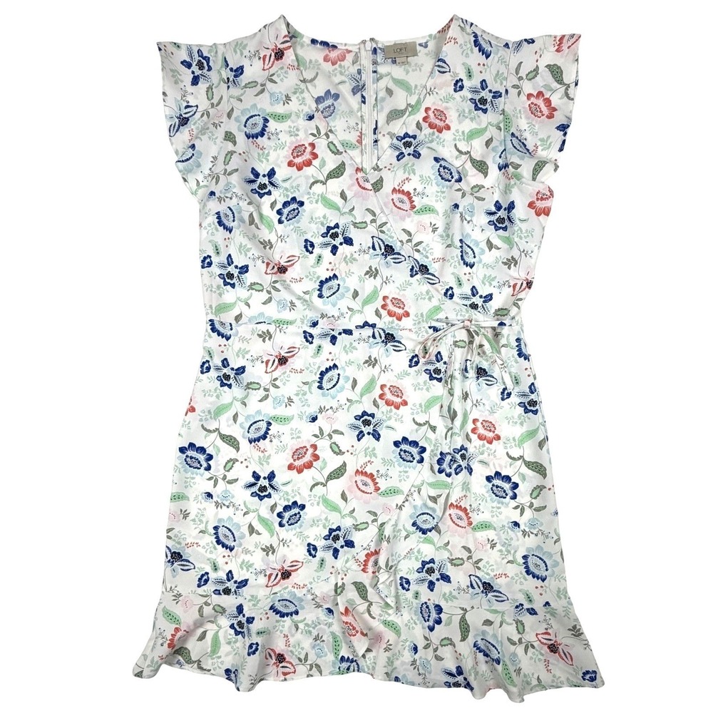 Loft Outlet Floral Flutter Sleeve Wrap Dress White Blue Red Size 16 Ruffle Hem
